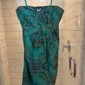 J. Crew Silk Teal and Black Strapless Paisley Dress
